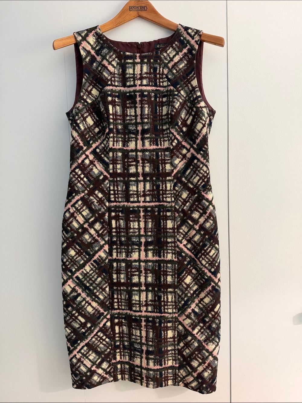 Brooks Brothers Burgundy, Cream and Pink Plaid Sleeveless Midi Dress